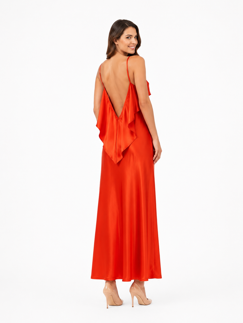 Arriendo de Vestido largo vuelos adelante y atrás rojo seda largo