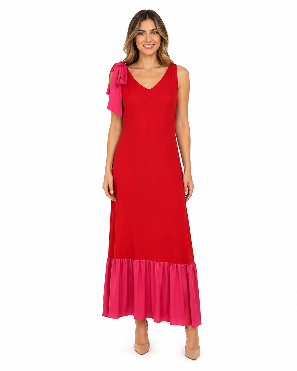 Arriendo de Vestido largo rojo de seda con vuelos fucsia abajo marca suricata