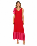 Arriendo de Vestido largo rojo de seda con vuelos fucsia abajo marca suricata
