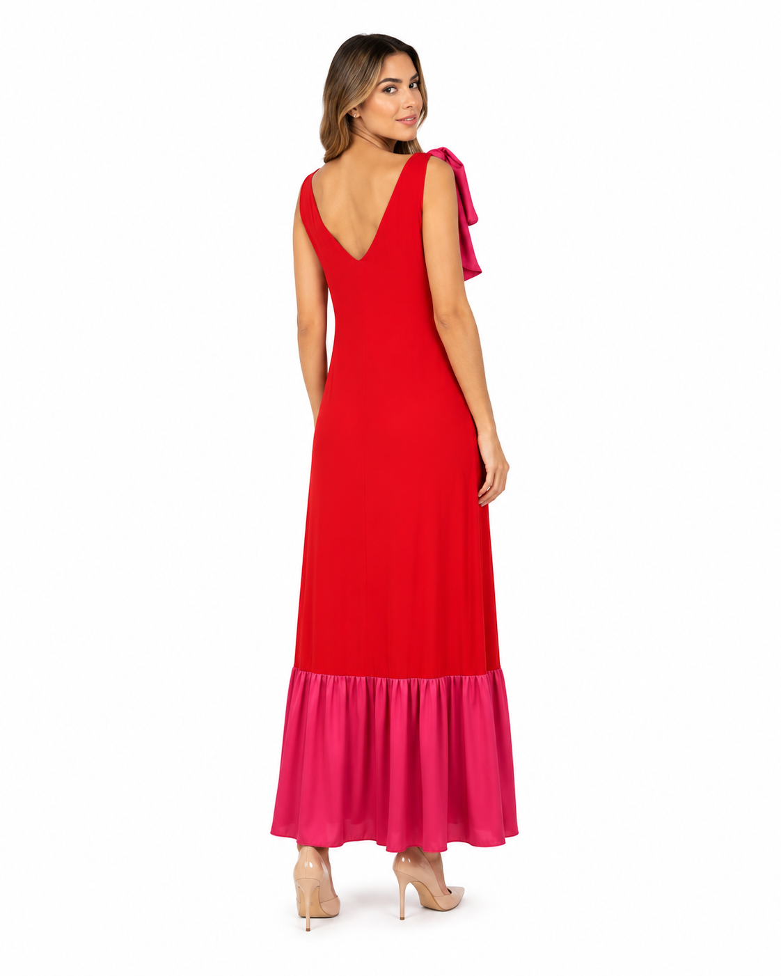 Arriendo de Vestido largo rojo de seda con vuelos fucsia abajo marca suricata