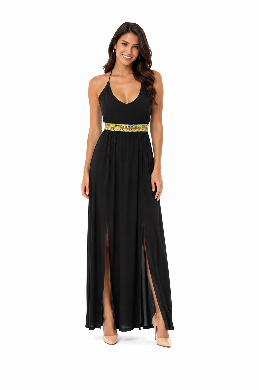 Arriendo de vestido negro de lycra con cinturon dorado