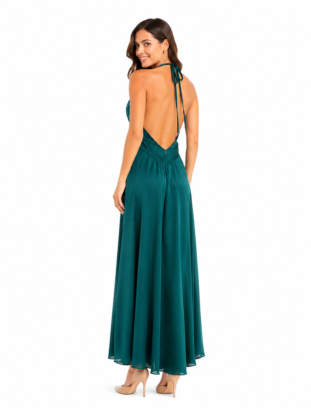 Arriendo de Vestido largo debut turquesa escote en V amarre al cuello