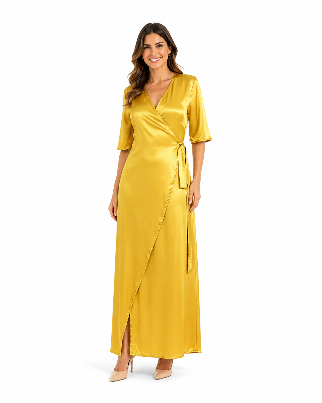 Arriendo de Vestido largo seda amarillo dorado mangas cinturón