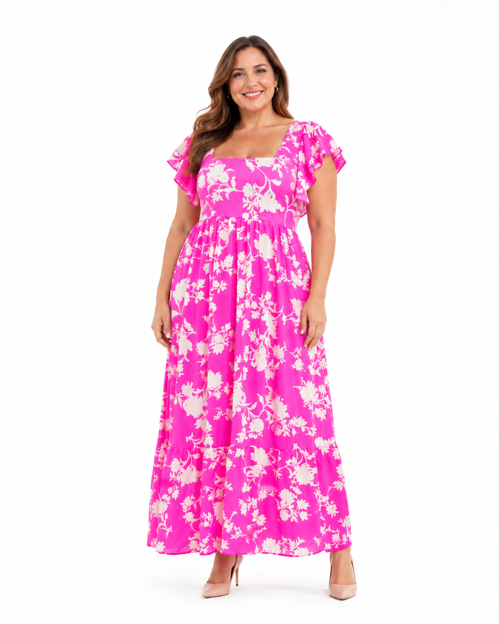 Arriendo de Vestido largo blanco con flores fucsia marca Pippa