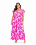 Arriendo de Vestido largo blanco con flores fucsia marca Pippa
