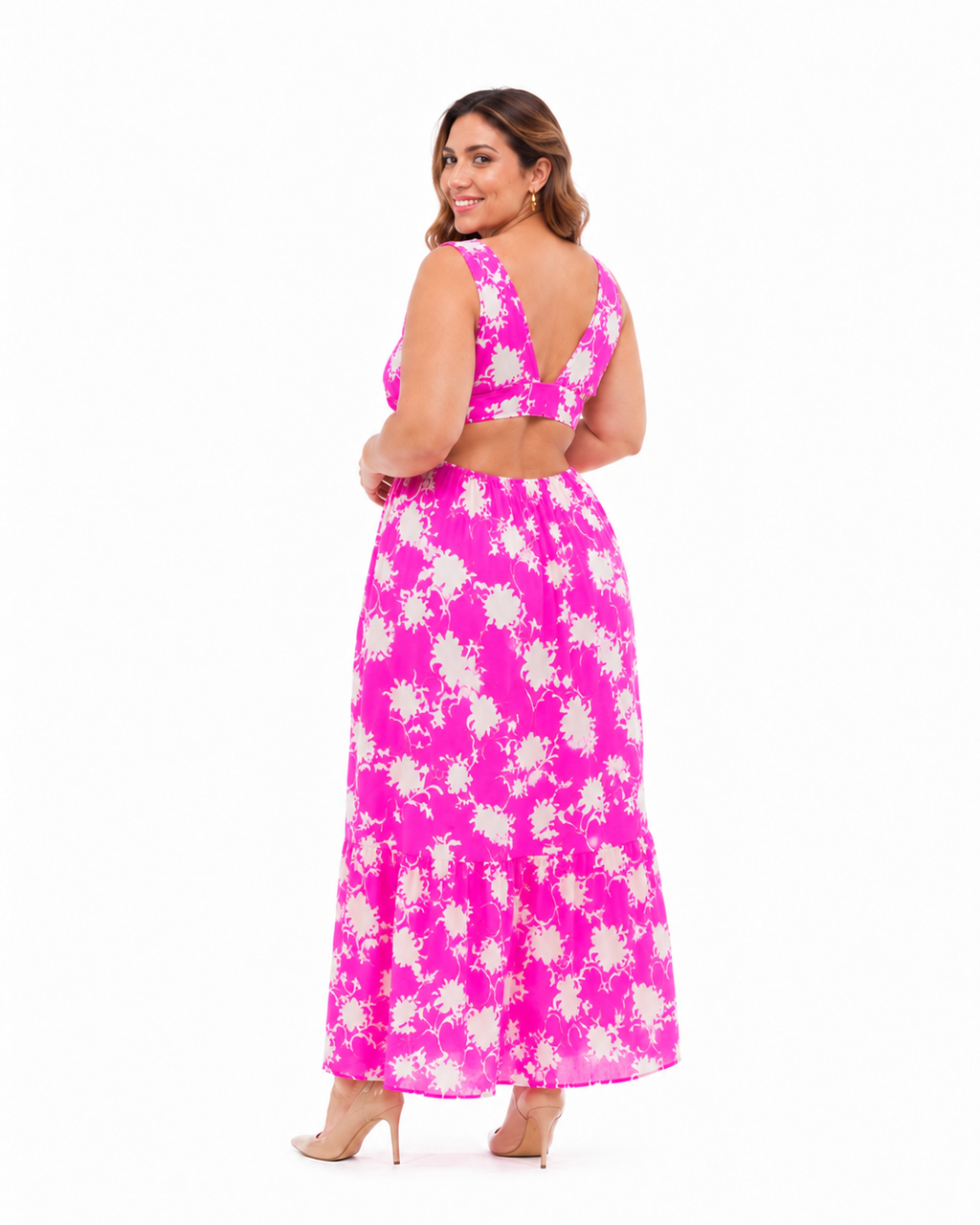 Arriendo de Vestido largo blanco con flores fucsia marca Pippa