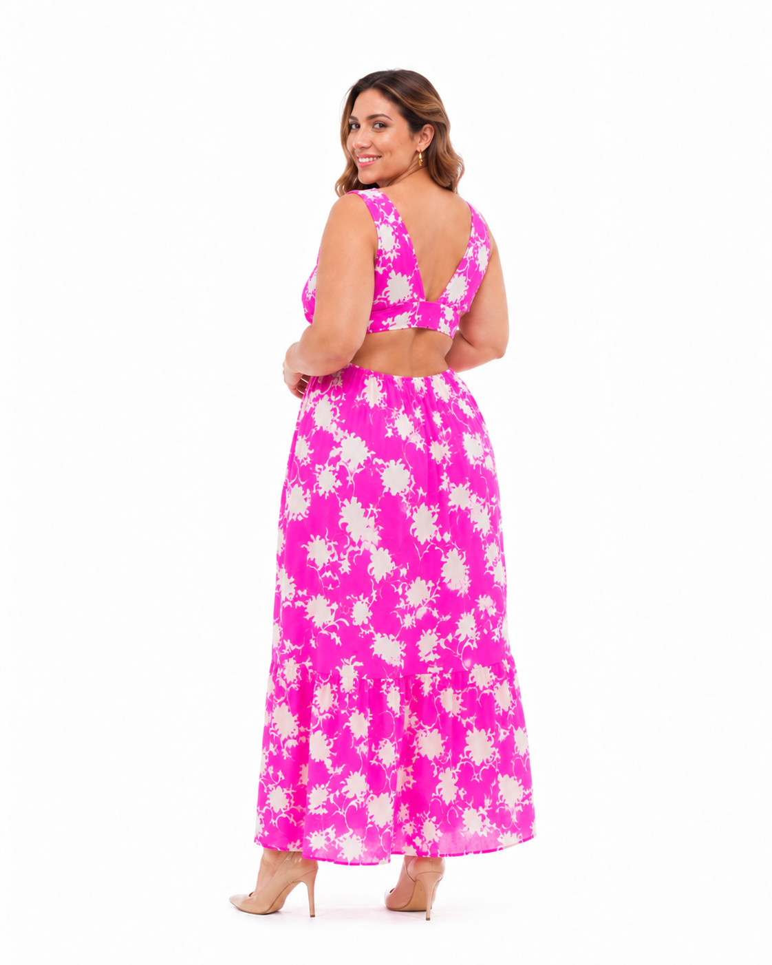 Arriendo de Vestido largo blanco con flores fucsia marca Pippa