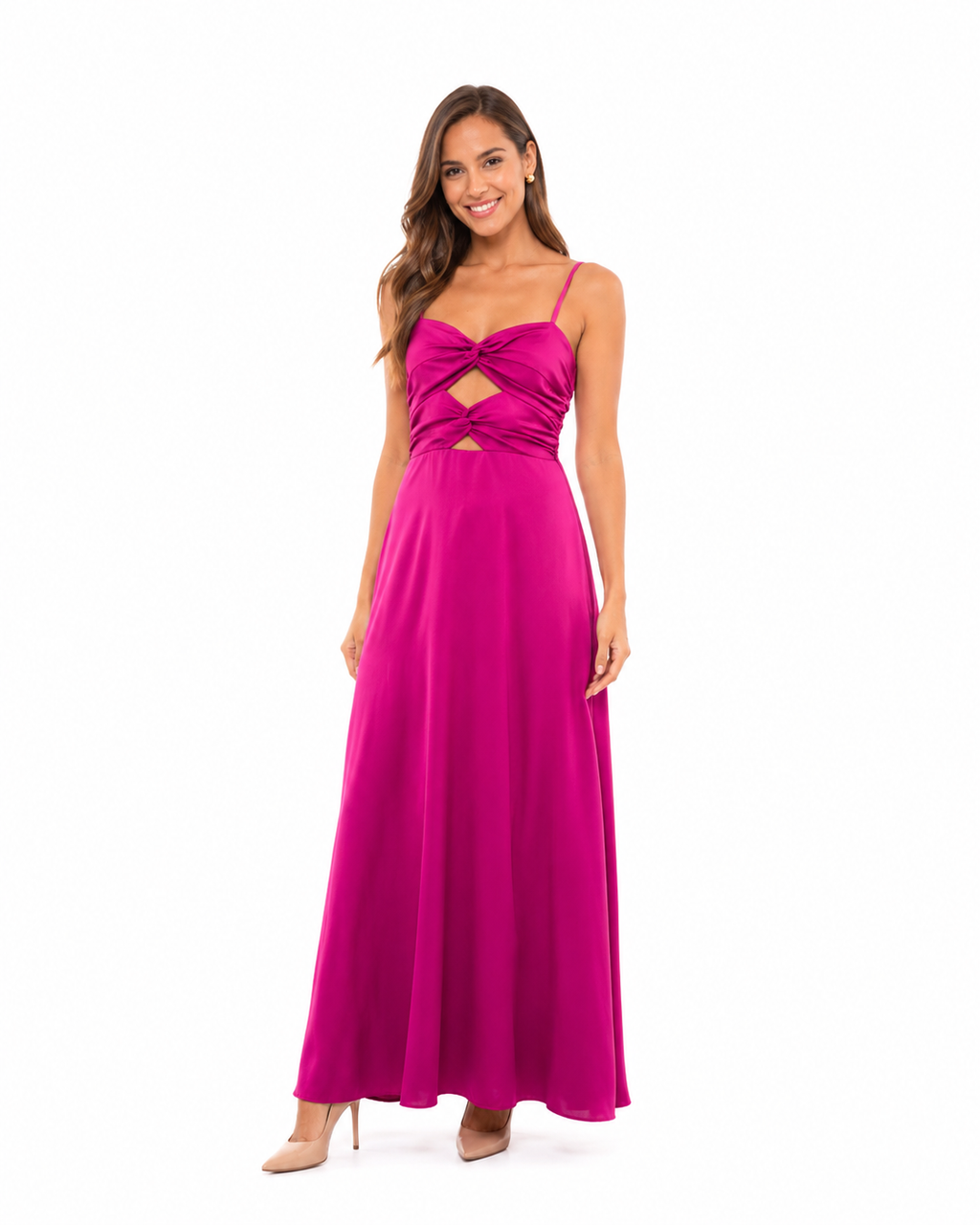 Arriendo de Vestido largo burdeo marca Bucango de seda con pabilos