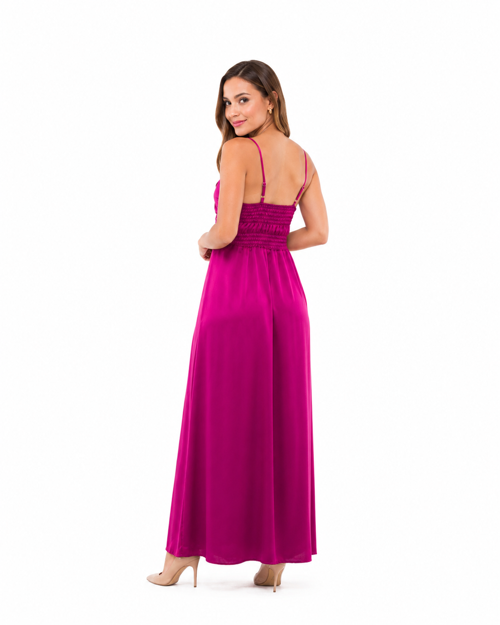 Arriendo de Vestido largo burdeo marca Bucango de seda con pabilos