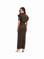 Arriendo de Vestido de Madrid semi largo con hombreras color chocolate y textura