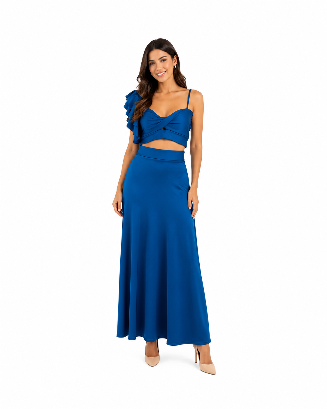 Arriendo de conjunto azul petróleo de lycra con pollera regulable