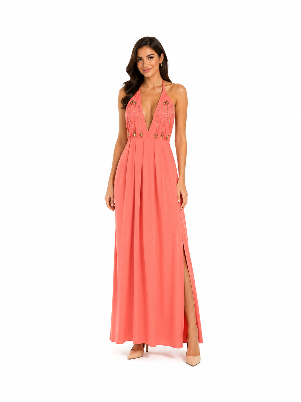 Arriendo de Vestido largo color mandarina con detalles en la parte de adelante y tajo a una pierna