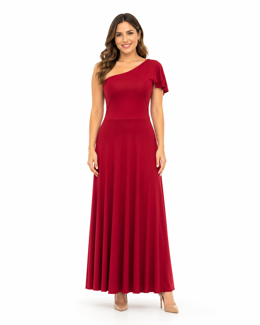 Arriendo de Vestido largo lycra rojo italiano con un hombro