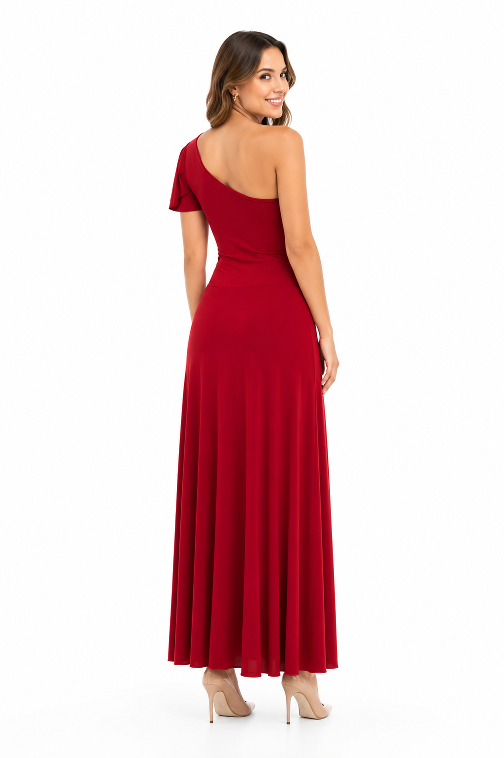 Arriendo de Vestido largo lycra rojo italiano con un hombro
