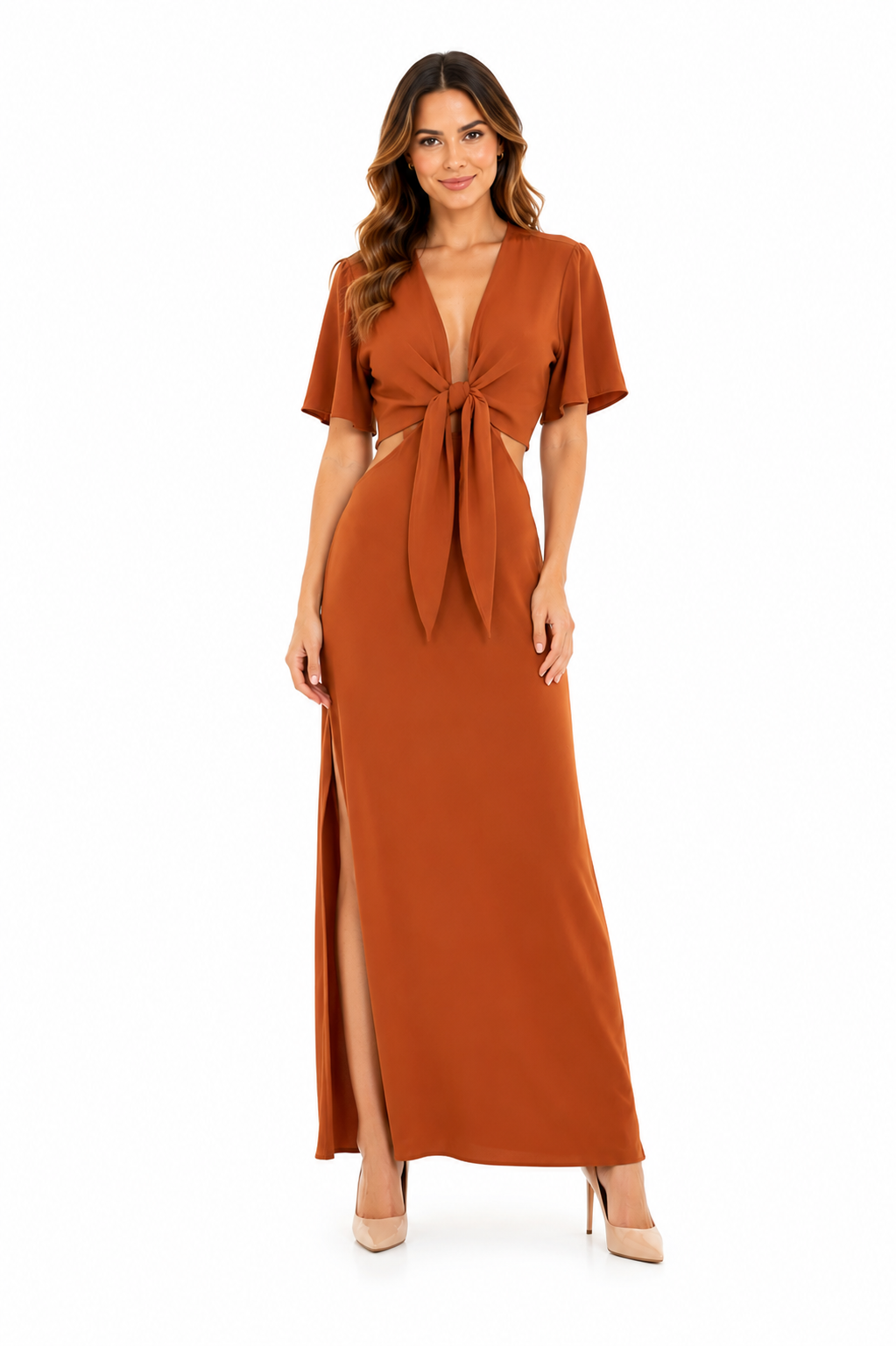 Arriendo Vestido largo terracota con manga corta, cortes en cintura y amarre en escote