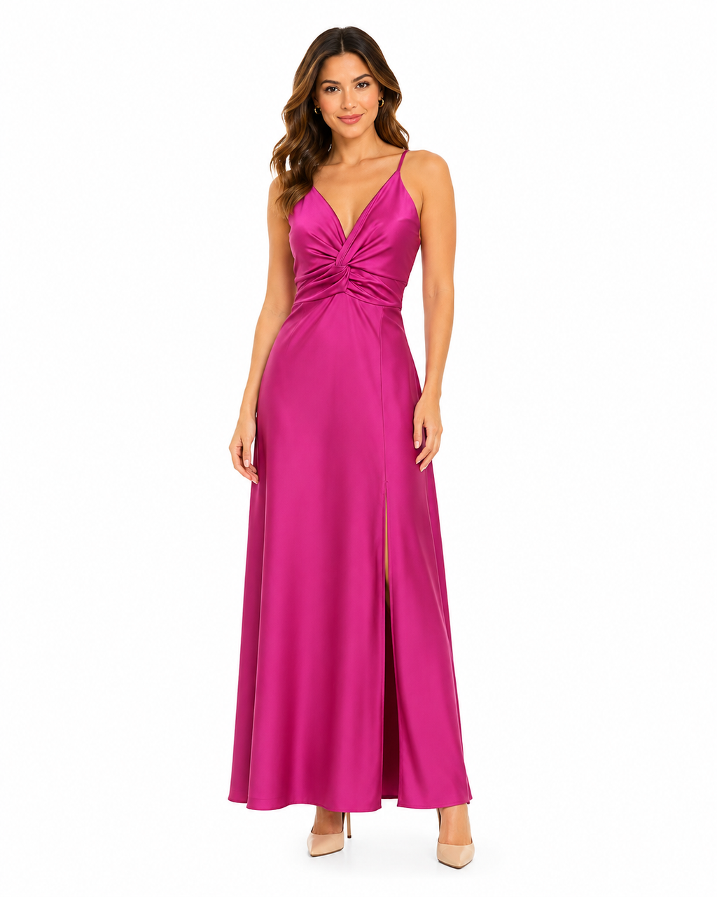 Arriendo de Vestido largo fucsia marca Makia de lycra con nudo en escote, pabilos y amarre en espalda