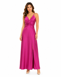 Arriendo de Vestido largo fucsia marca Makia de lycra con nudo en escote, pabilos y amarre en espalda