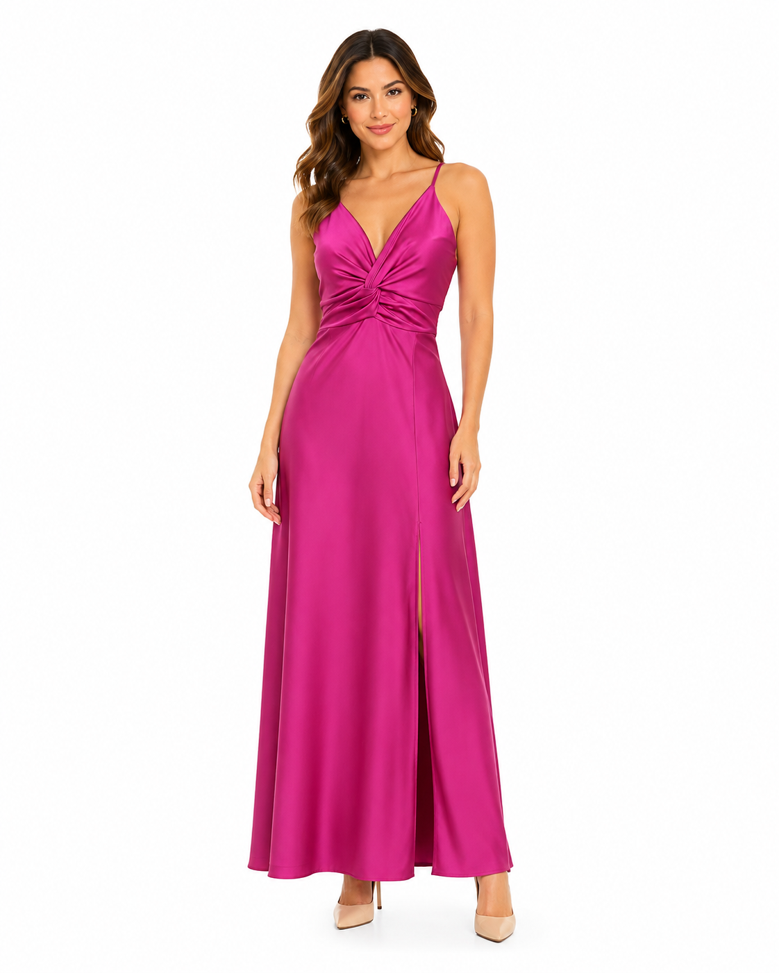 Arriendo de Vestido largo fucsia marca Makia de lycra con nudo en escote, pabilos y amarre en espalda