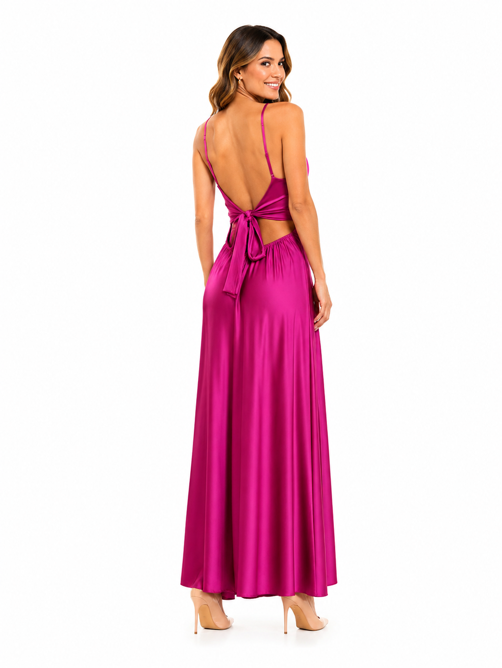 Arriendo de Vestido largo fucsia marca Makia de lycra con nudo en escote, pabilos y amarre en espalda