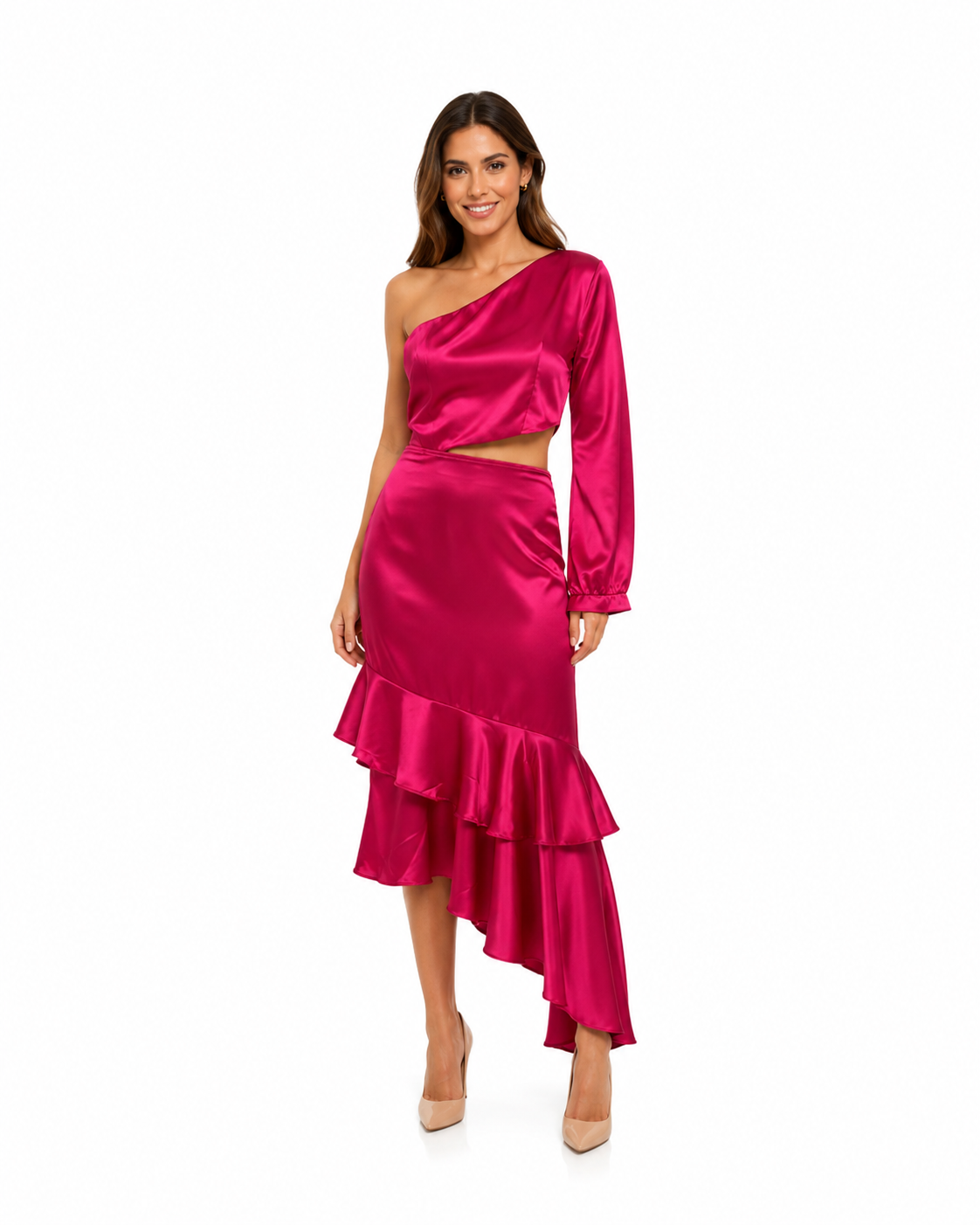 Arriendo de vestido largo fucsia asimetrico