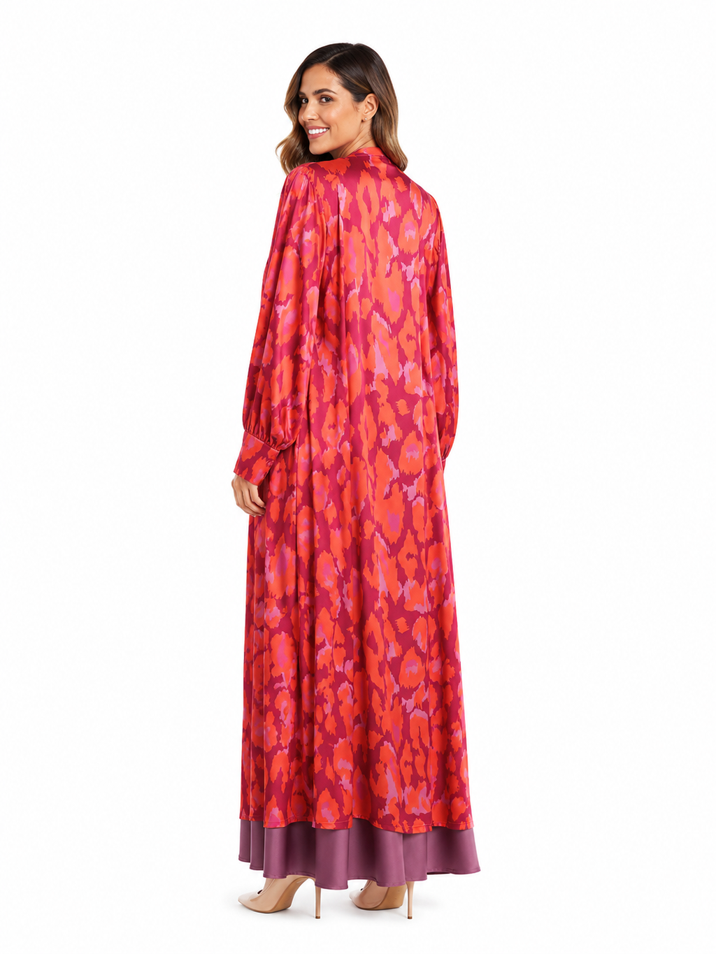 Arriendo de Kimono makia de seda alegra estampado fucsia naranjo y lila