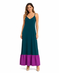 Arriendo de Vestido largo suelto verde oscuro con morado abajo y vuelitos arriba