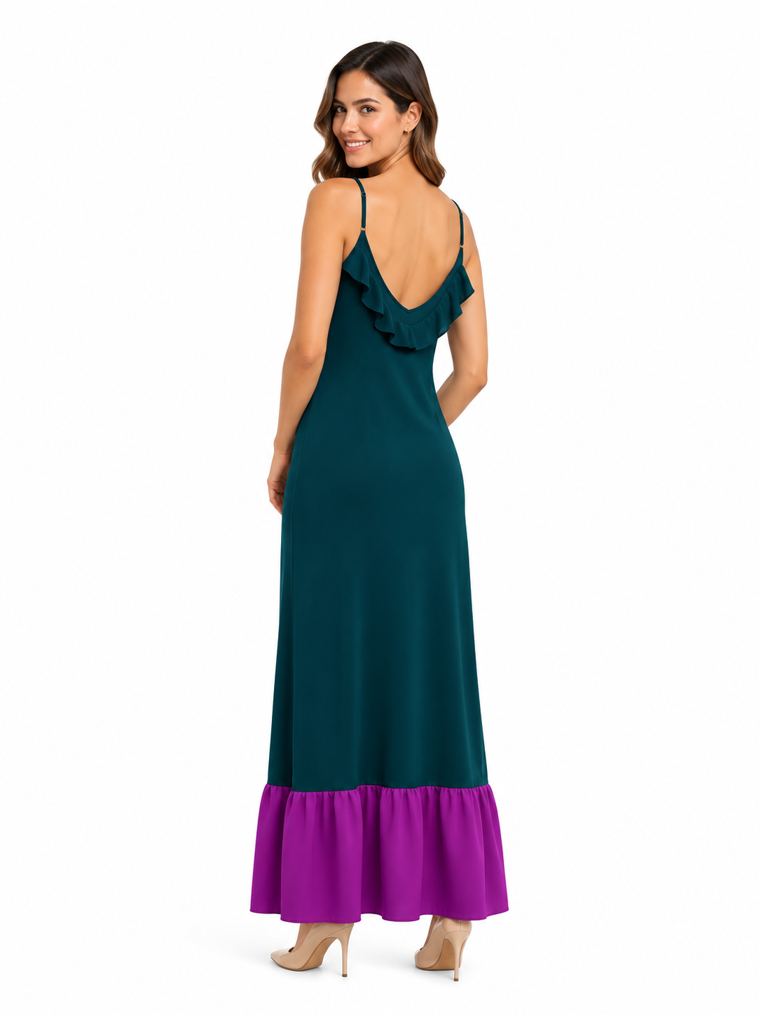 Arriendo de Vestido largo suelto verde oscuro con morado abajo y vuelitos arriba