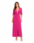 Arriendo de Vestido largo fucsia de gasa con mangas