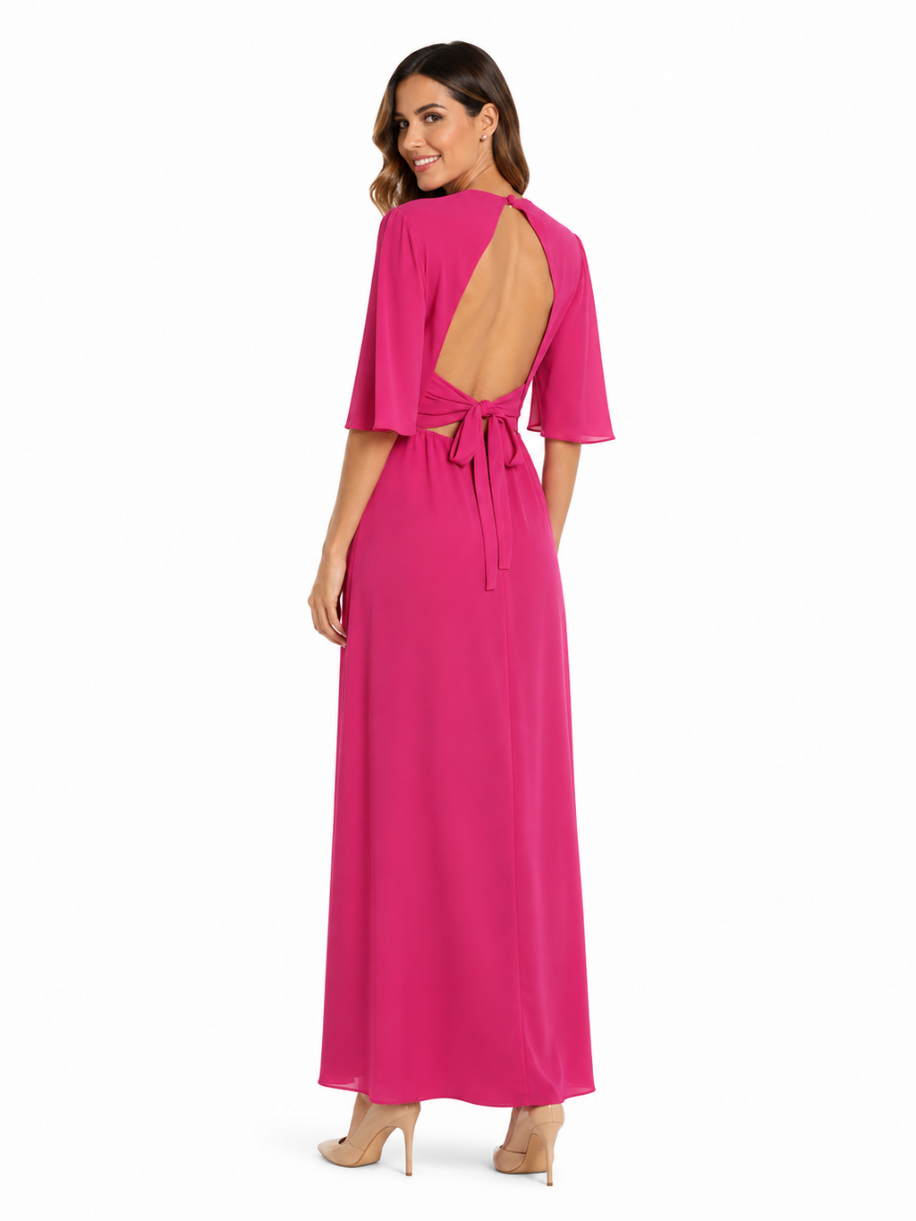 Arriendo de Vestido largo fucsia de gasa con mangas