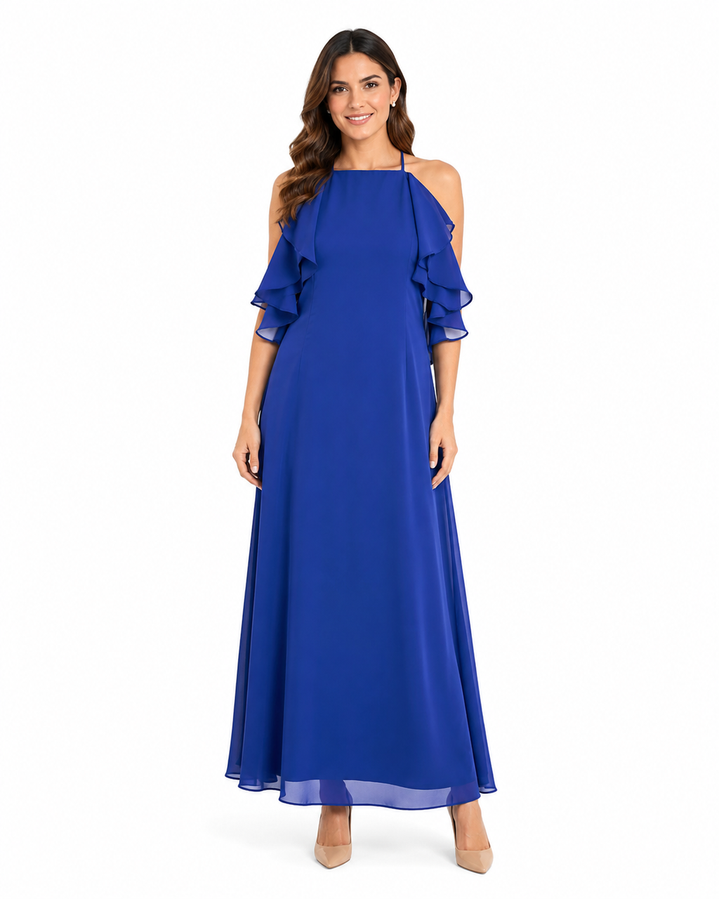 Arriendo de vestido largo loreto fuenzalida azul con cuello halter y vuelos en espalda