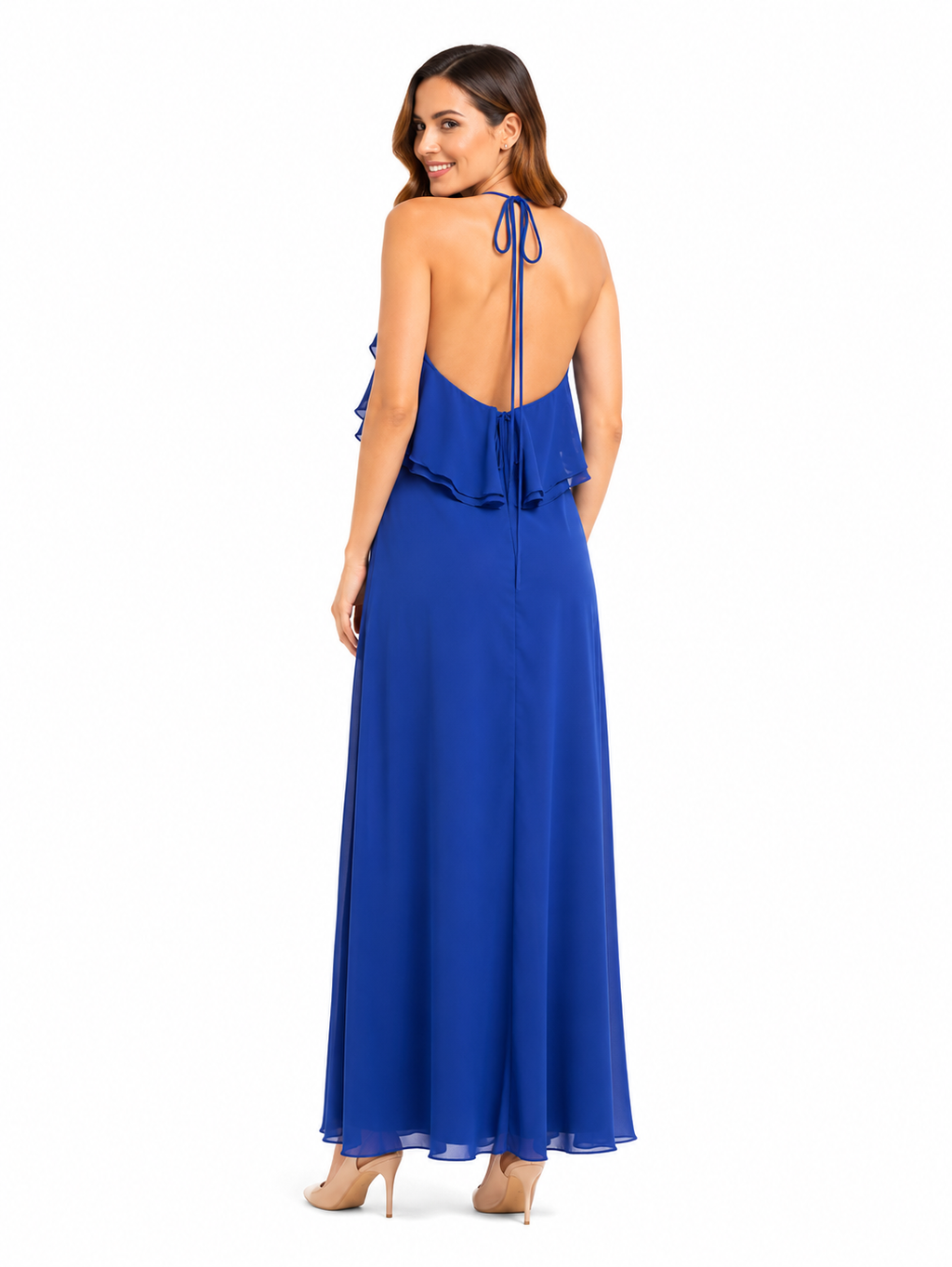 Arriendo de vestido largo loreto fuenzalida azul con cuello halter y vuelos en espalda