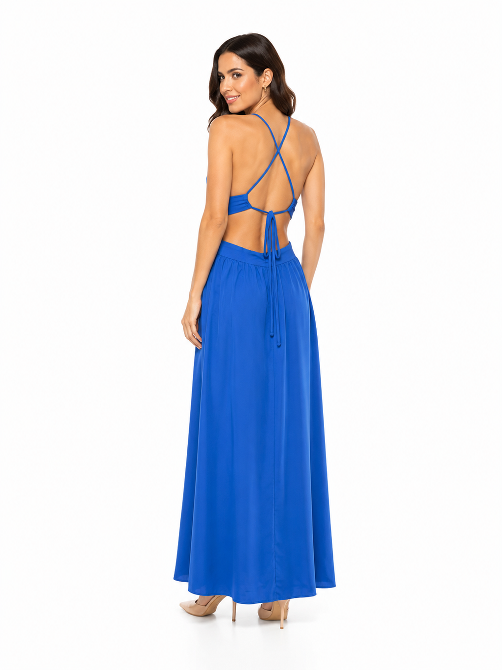 Arriendo de vestido azul cut out largo