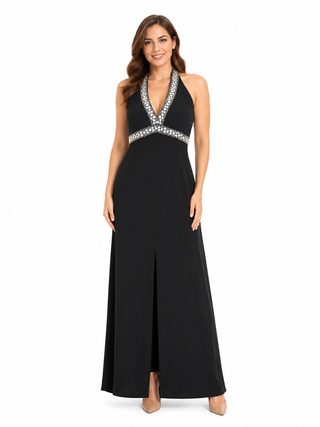 Arriendo de Vestido largo negro cuello en v con pedrería plateada en escote