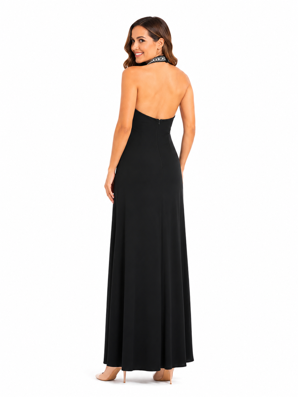 Arriendo de Vestido largo negro cuello en v con pedrería plateada en escote