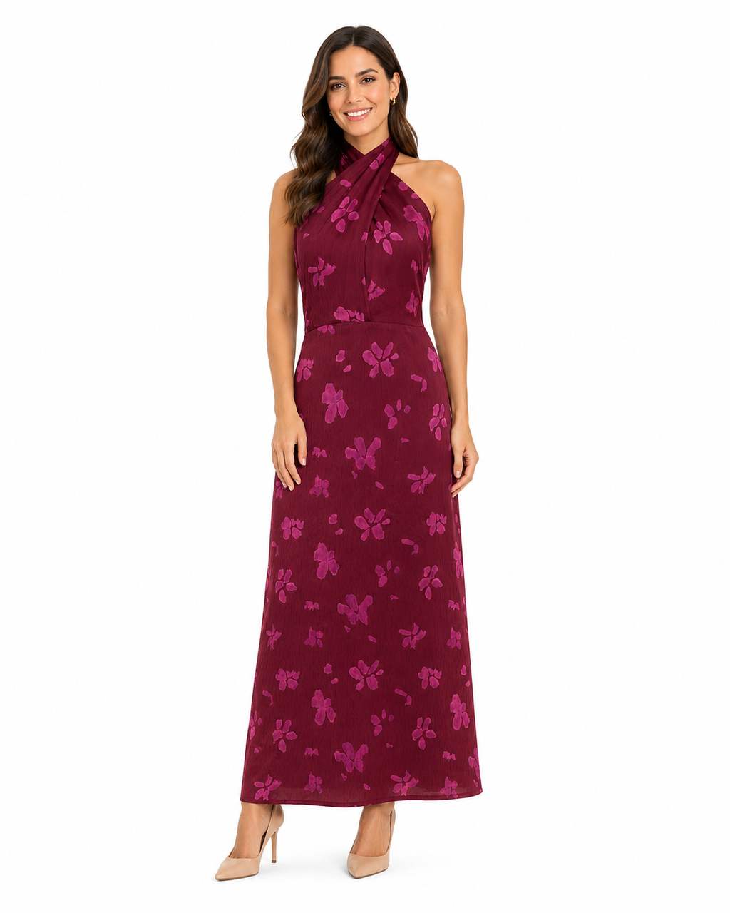 Arriendo de Vestido largo burdeo con estampado de flores español marca Baymo con capa