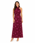 Arriendo de Vestido largo burdeo con estampado de flores español marca Baymo con capa