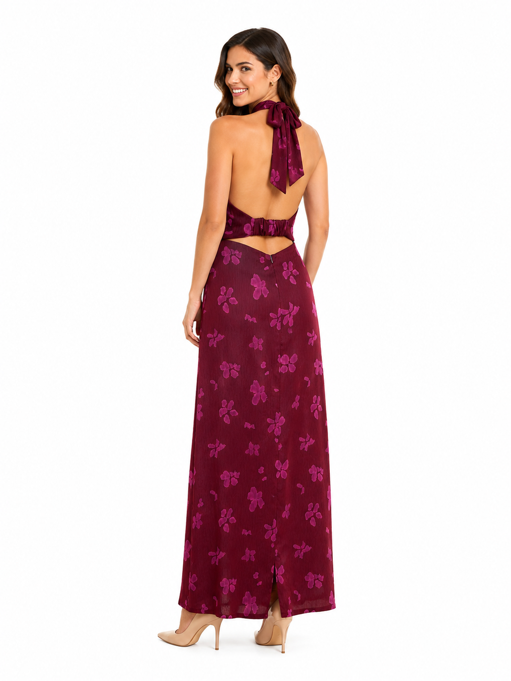 Arriendo de Vestido largo burdeo con estampado de flores español marca Baymo con capa