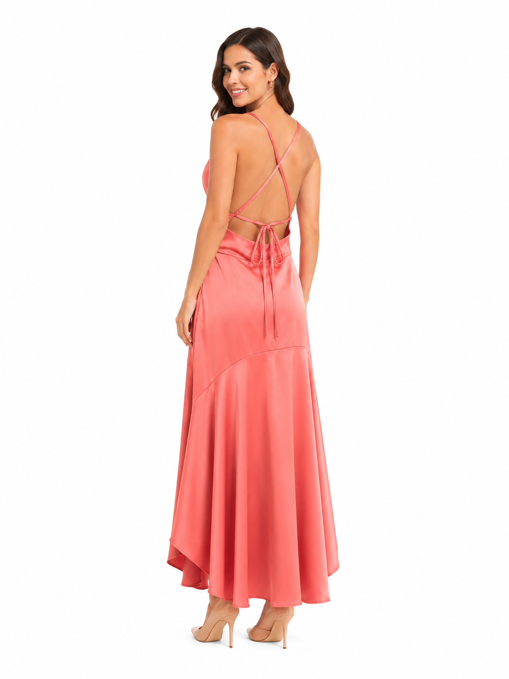 Arriendo de Vestido color salmon largo con vuelos abajo y pabilos ajustables