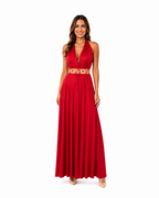 Arriendo de vestido largo rojo con detalles dorados