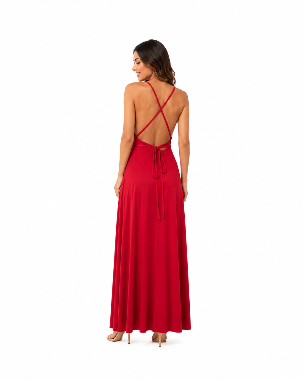 Arriendo de vestido largo rojo con detalles dorados