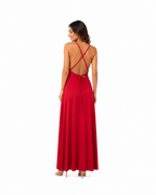 Arriendo de vestido largo rojo con detalles dorados