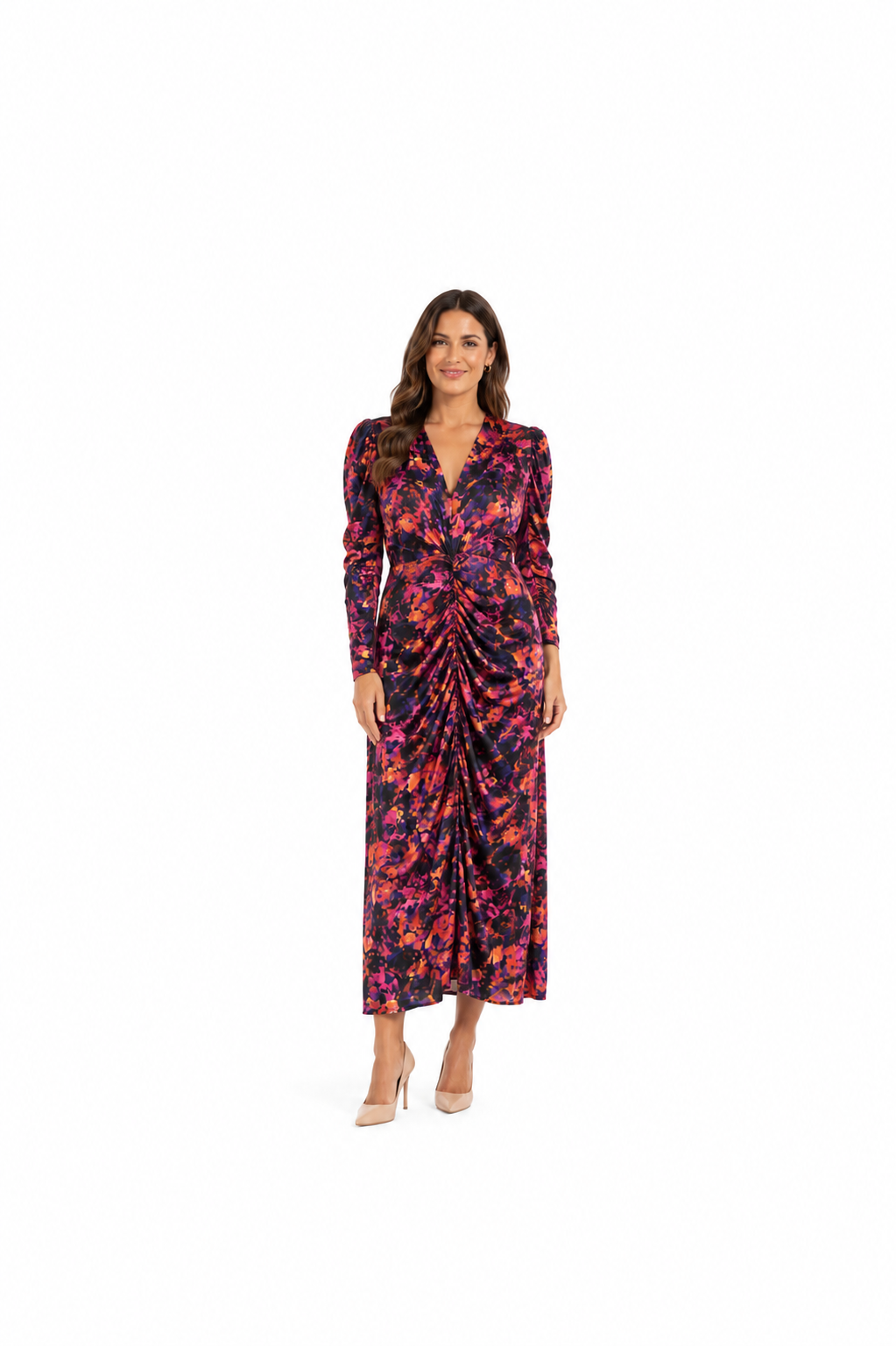 Arriendo de Vestido largo con mangas y hombreras estampado morado azul y naranjo marca Makia