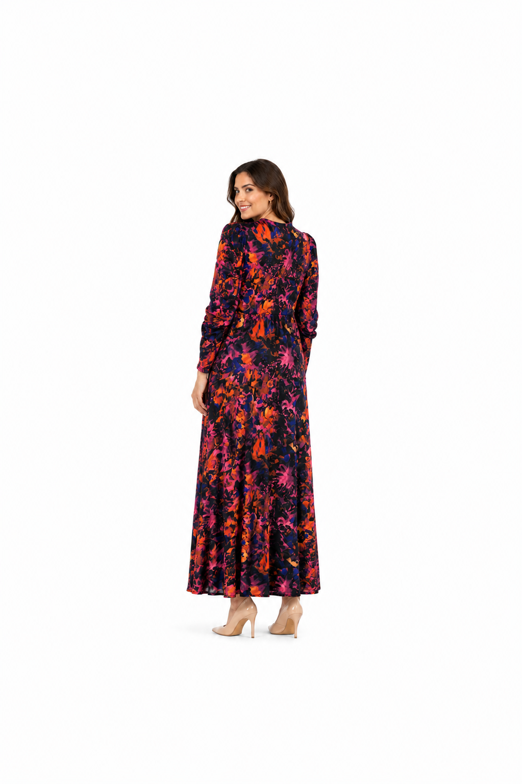 Arriendo de Vestido largo con mangas y hombreras estampado morado azul y naranjo marca Makia