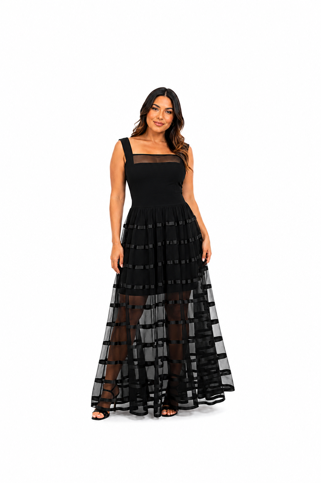 Arriendo de vestido negro con transparencia Vera Wang largo