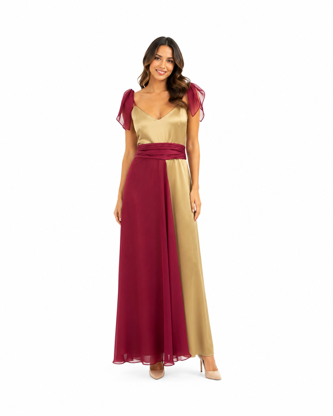 Arriendo de Vestido largo dorado ROCA con burdeo madrina