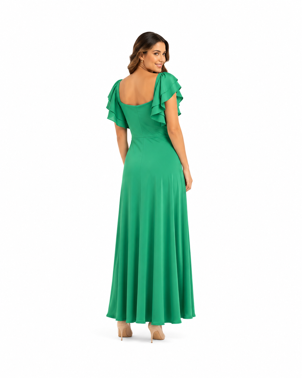 Arriendo de Vestido largo verde manzana con vuelos en los brazos marca Super Down
