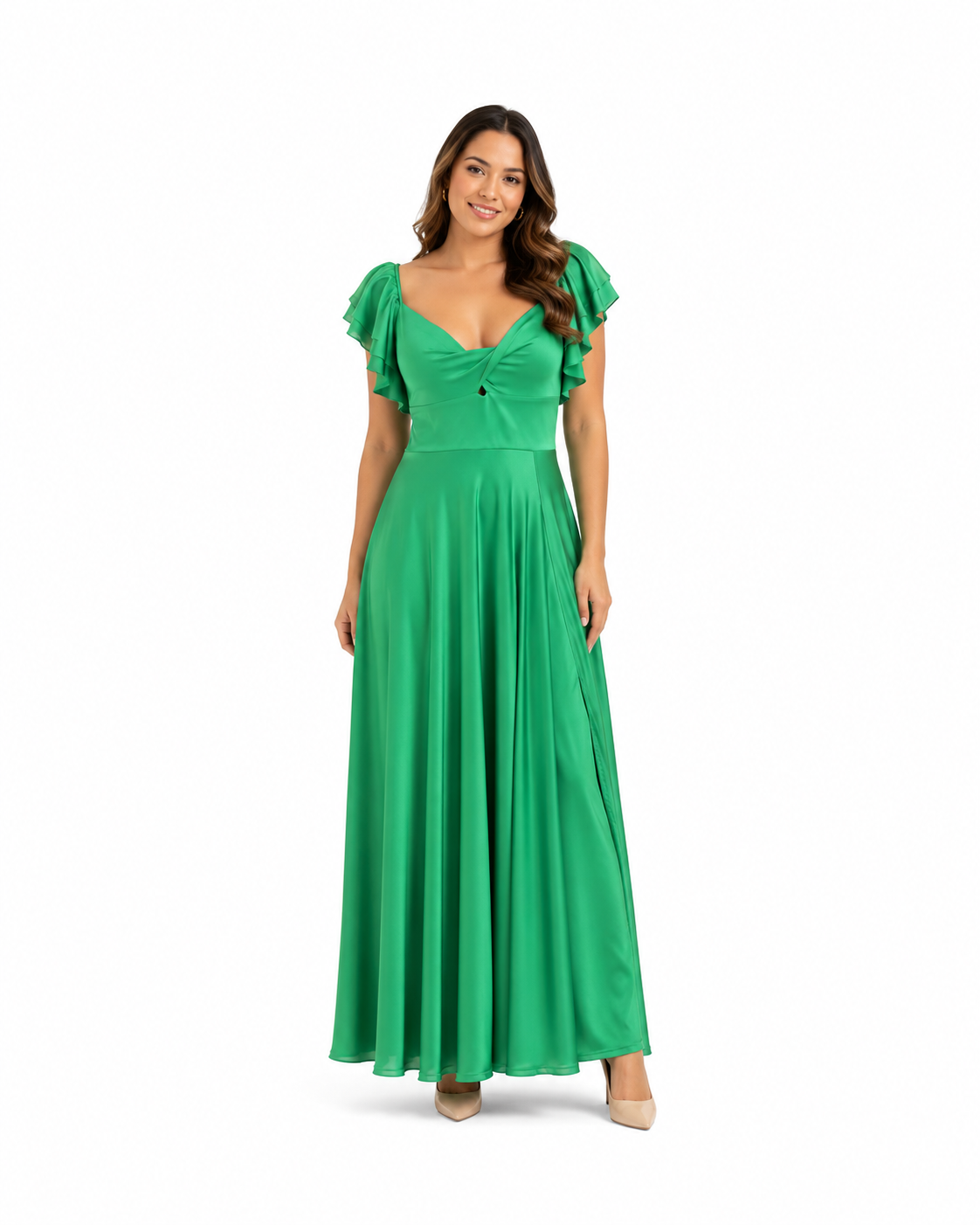 Arriendo de Vestido largo verde manzana con vuelos en los brazos marca Super Down