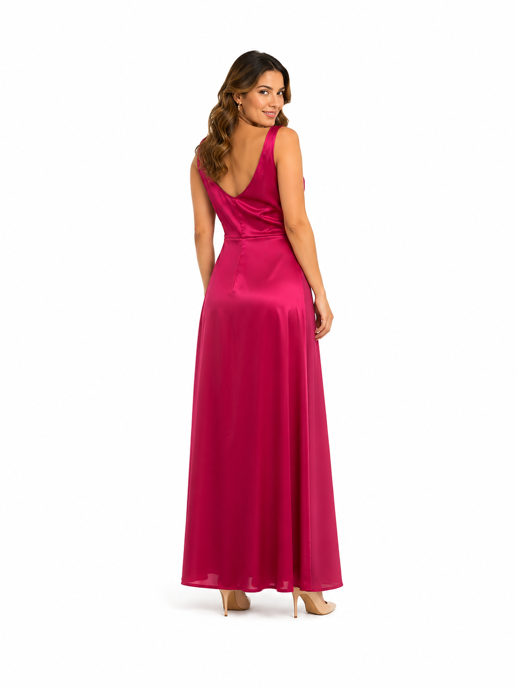 Arriendo de Vestido largo rosado y fucsia dos colores cruzado amarre a un lado