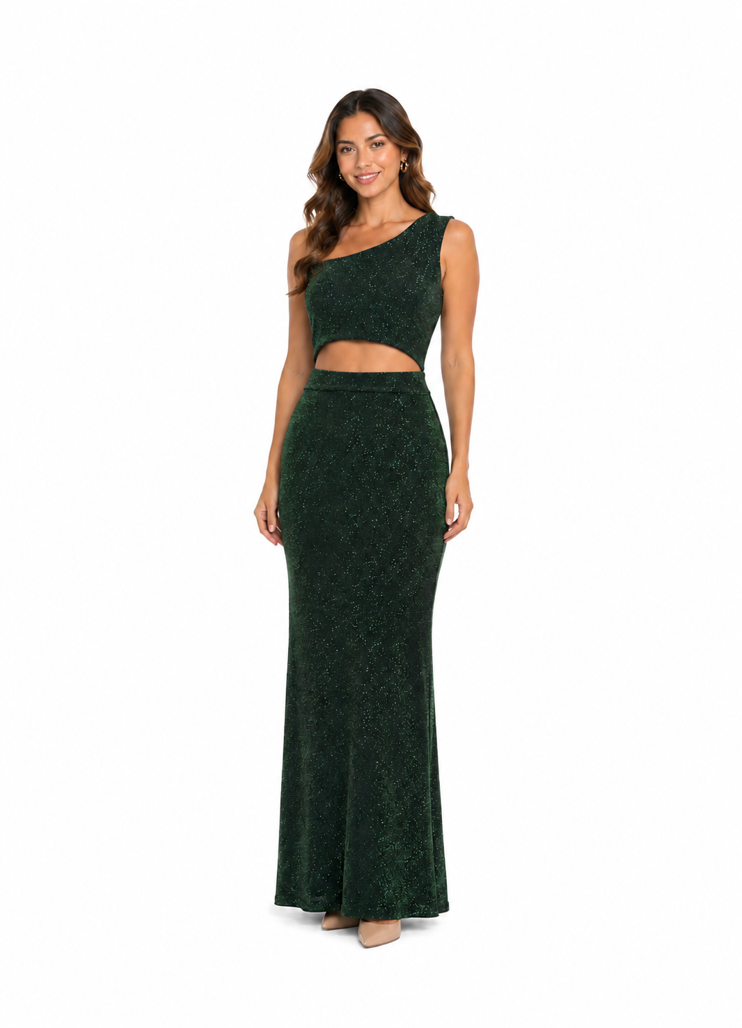 Arriendo de vestido verde elasticado con brillos asimetrico largo