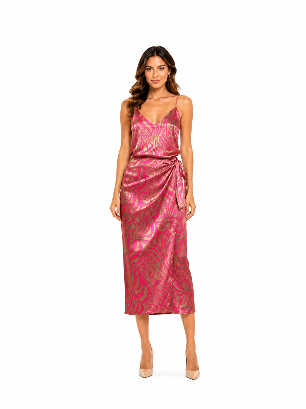 Arriendo de Vestido largo midi estampado animal print dorado y fucsia con elastico en cintura